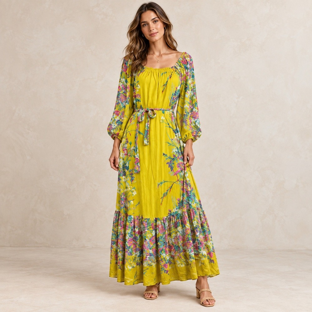 Anthropologie Eliora Maxi Dress Yellow Floral Off Shoulde Boho Prairie Size M